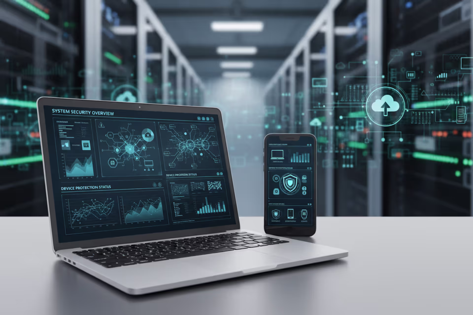 Endpoint security dashboard protecting laptops, smartphones, and servers
