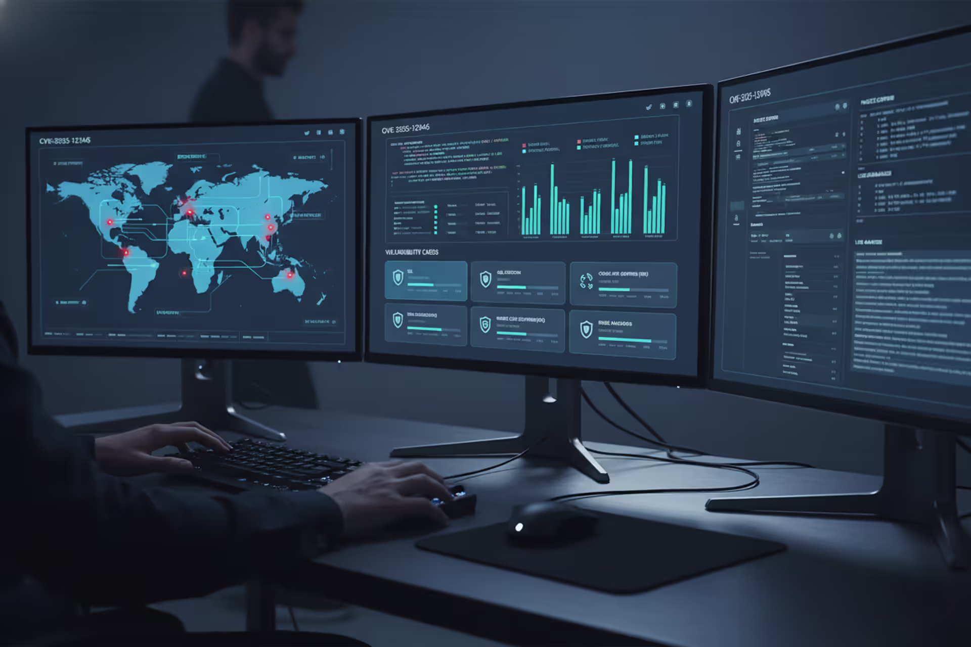 Cybersecurity analyst dashboard with CVE vulnerability records on multiple monitors