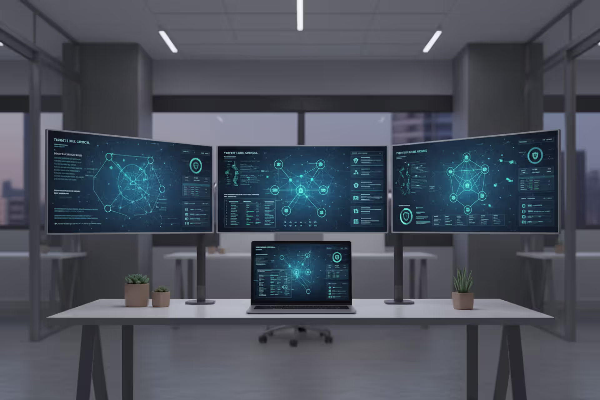 Cybersecurity analyst workstation with endpoint protection dashboards